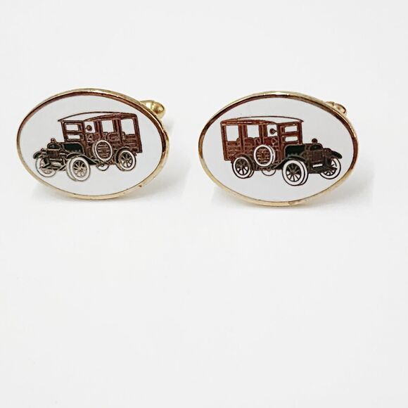 Vintage 1970s Avon Antique Car Cufflinks Enamel Gold Model T Auto - Picture 1 of 5